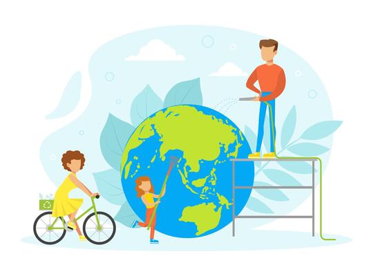 People Taking Care about Planet Ecology, Tiny Characters Cleaning and Using Eco Friendly Transport, Ecology and Environment Protection Concept Flat Illustration