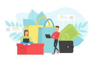 Customers Evaluating Product or Service, Tiny People Reviewing Rating Online on Computer Flat Illustration vector