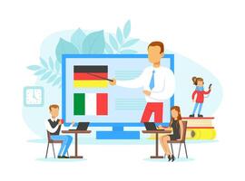 Tiny People Learning Language, Online Education Technology, Language School Flat Illustration vector