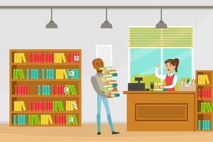 Man Carrying Stack of Books, Librarian Assisting him at Service Desk, Education, Knowledge, Studying and Literature Concept Cartoon Illustration vector