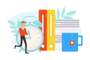 Tiny Businessman Pushing Clock Hands, Time Management Concept Flat Illustration vector