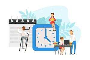 Tiny Office Workers Planning Schedule and Working next to Alarm Clock, Time Management Concept Flat Illustration vector