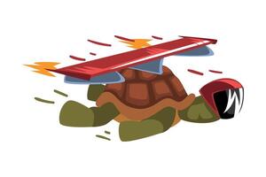 Fast Turtle in Helmet, Funny Animal Cartoon Character with Turbo Speed Booster and Fire Illustration on White Background vector