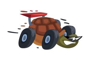 Fast Turtle on Wheels, Funny Animal Cartoon Character with Turbo Speed Booster and Fire Illustration on White Background. vector