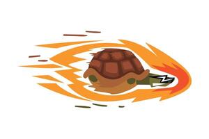 Fast Turtle on Wheels, Funny Tortoise Animal Cartoon Character with Fire Illustration on White Background. vector