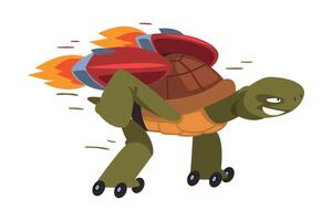 Fast Turtle Rollerblading, Funny Animal Cartoon Character Running with Turbo Speed Booster Illustration on White Background vector