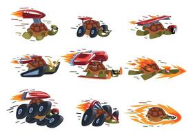 Fast Turtles Collection, Animals Cartoon Characters with Turbo Speed Boosters and Fire Illustration on White Background vector