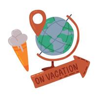 Travel or Vacation Objects Set, Globe with Location Pin and Ice Cream, Journey on Holidays, Adventure, Tourism Cartoon Style Illustration vector
