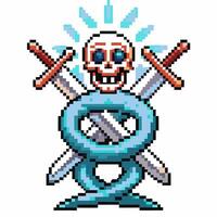 Pixel art skull and swords emblem with serpent ring, retro gaming design vector