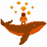 Pixel art astronaut standing on a whale, surrounded by glowing stars and space elements vector