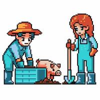 Pixel art farmers and pig on farm with tools, overalls, and straw hat vector