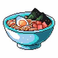 Pixel art ramen bowl with egg, seaweed, and cubes reflects retro gaming and culinary delight vector