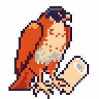 Pixel art falcon perched on scroll bird of prey details, retro 8 bit gaming vector