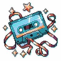 Retro pixel cassette tape with stars and unspooled tape design vector