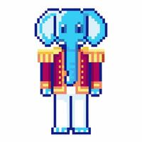 Pixel art elephant character in royal attire, vibrant colors retro game style, blue and gold uniform, unique design vector