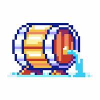 water leaking from pixelated wooden barrel, retro 8 bit art vintage gaming icon, liquid overflow concept vector