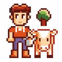 Pixel art farmer milking cow under apple tree in retro farming game setting vector