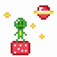 Pixelated alien on red planet with orbiting ringed planet and stars in retro space scene vector