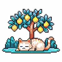 pixel art cat napping under lemon tree peaceful animal scene, bright colors, pixelated illustration vector