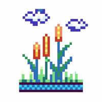 Pixel art of cattails in serene landscape blue clouds, simple natural scene, pixelated retro vector