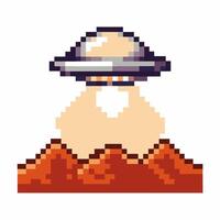 pixel art ufo landing on mars surface retro gaming style, space exploration, alien spaceship on red planet vector
