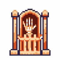 Pixel art arcade skeleton hand in ancient temple with columns and archway design vector