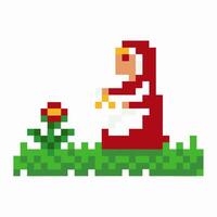 Pixel art hooded figure with flower in retro videogame scene vector