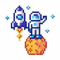 Pixel astronaut and rocket on orange planet retro space exploration, game art vector
