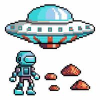 pixel art alien and ufo hovering retro futuristic astronaut with spaceship and alien landscape exploration vector