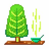 Pixelated green tree with bright leaves and floating coffee cup on wooden platform vector