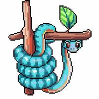 Pixel art snake coiled on branch with leaf, vibrant colors, retro game vector