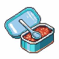 Pixel art tin can with spoon, retro digital design vector