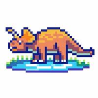 Triceratops in pixel art standing on grass and blue water puddle vector