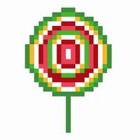 Pixel art lollipop in vibrant red, green stripes retro digital candy design, playful fun vector