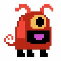 pixel art red monster with antenna cute retro game character, big eye, smiling face vector