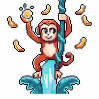 pixel art monkey with coin on tropical wave, surrounded by bananas vector