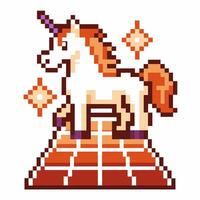 Pixel art unicorn with vibrant hues, retro digital fantasy, geometric platform design vector