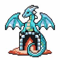 pixel art dragon on fortress retro fantasy creature, pixelated mythical beast guarding castle vector