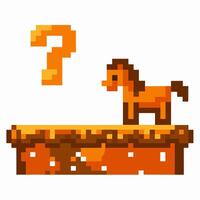 Pixel art horse and question mark on platform, retro gaming vector