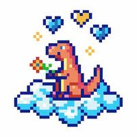 pixel art dinosaur holding flower on cloud surrounded by hearts and sparkles, playful retro design vector