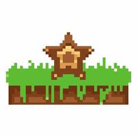 Pixelated star on grass platform, retro game design 8 bit sprite art for gaming vector