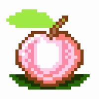 Pixel art peach icon with leaf, retro 8 bit fruit graphic vector