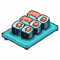 Pixel art sushi platter with nigiri and rolls on turquoise plate vector