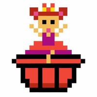 Pixel art princess in pink dress with crown, standing on red platform retro 8 bit digital character design vector