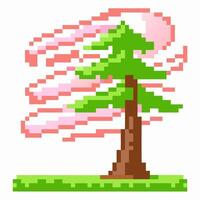 pixel art animated tree with wind gusts retro 8 bit style, green pine, pink breeze, digital graphic design vector