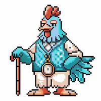 Pixel art stylish chicken wearing vest and glasses, holding cane in retro game character design vector