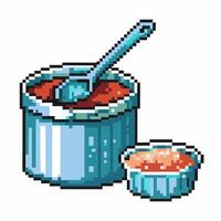 Retro pixel art two blue pots with red sauce and spoon, nostalgic gaming icon vector