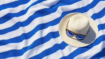 Striped Beach Towel with Straw Hat and Sunglasses photo
