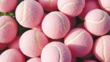 Pink tennis balls are shown in a pile photo
