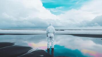 A person standing on the beach with a cloudy sky photo